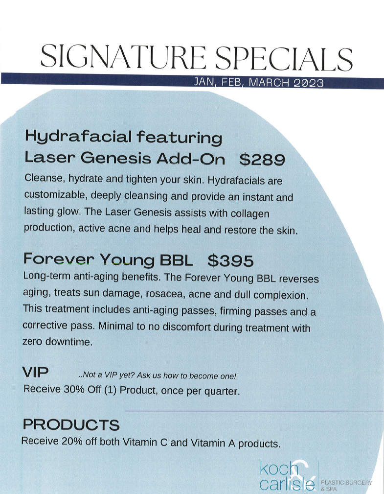 January, February, March 2023 Specials - Hydrafacial, Forever Young BBL, and, skincare product discounts