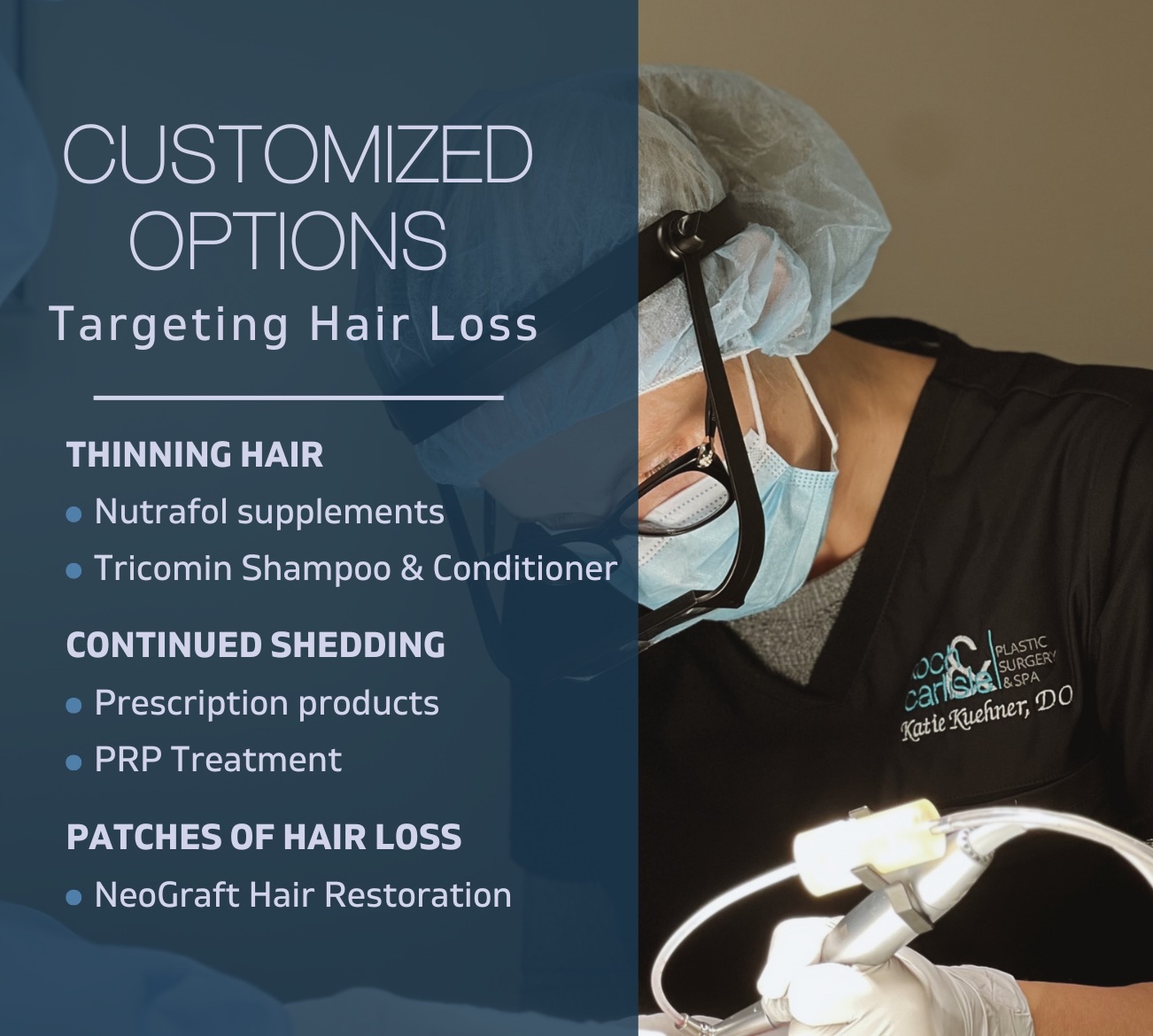 Plastic surgeon performing a hair restoration procedure beside a graphic listing customized options for targeting hair loss, including treatments for thinning hair, continued shedding, and patches of hair loss.