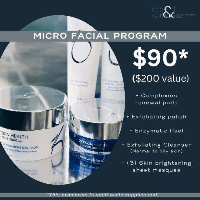 𝑩𝒓𝒊𝒏𝒈 𝒕𝒉𝒆 𝒔𝒑𝒂 𝒉𝒐𝒎𝒆 𝒘𝒊𝒕𝒉 𝒚𝒐𝒖.

Take your self-care up a notch with ZO's Micro Facial Program! While supplies last, this bundle is available at Koch & Carlisle Plastic Surgery for $90.

This program is full of great products including ZO's complexion renewal pads and exfoliating polish. Added bonus: experience the glow skin with the skin brightening sheet masque and enzymatic peel.

*𝘡𝘖'𝘴 𝘔𝘪𝘤𝘳𝘰 𝘍𝘢𝘤𝘪𝘢𝘭 𝘗𝘳𝘰𝘨𝘳𝘢𝘮 ($90) 𝘪𝘴 𝘢𝘷𝘢𝘪𝘭𝘢𝘣𝘭𝘦 𝘸𝘩𝘪𝘭𝘦 𝘴𝘶𝘱𝘱𝘭𝘪𝘦𝘴 𝘭𝘢𝘴𝘵.
