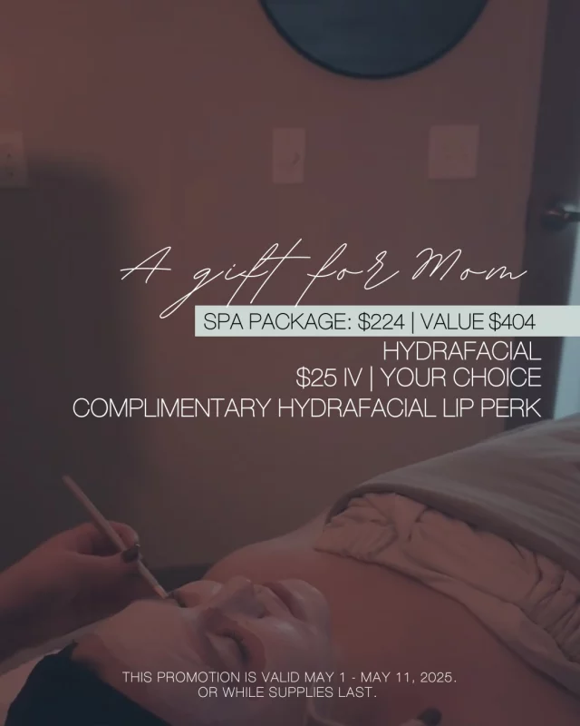While supplies last: enjoy our "Mother's Day" spa package, available now until May 11!

This package includes our popular HydraFacial treatment, a $25 IV of your choosing, and a complimentary HydraFacial lip perk. (Is there anything better than the gift of relaxation? 🩵)

Don't miss out on this limited-time offer, available from 5/1/25 or while supplies last. 
Reach out to our spa to secure your gift: 
➡ 515-277-5555 | press "2" for our spa