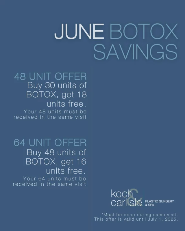 Save on Botox all month long! 👏✨

From now through June 30, save up to $233 on your Botox injections:

🩵48 Unit Offer
➡ Buy 30 units of Botox, get 18 units free
* Must be used in the same visit.

🩵64 Unit Offer
➡ Buy 48 units of Botox, get 16 units free
* Must be used in the same visit.

** This offer can be used with any of our injection providers, and must be used during the same visit. It is valid now until 6/30/25.

Schedule your next injection appointment by contacting Koch & Carlisle Plastic Surgery & Spa:
➡ 515-277-5555 | press "1" for our medical office
➡ Request a consultation online | https://www.kochandcarlisle.com/consultation-mobile/

.
.
.
.
#botox #botoxspecial #kochandcarlisleplasticsurgery #cosmeticinjections #cosmeticinjector #westdesmoines #westdesmoinesiowa