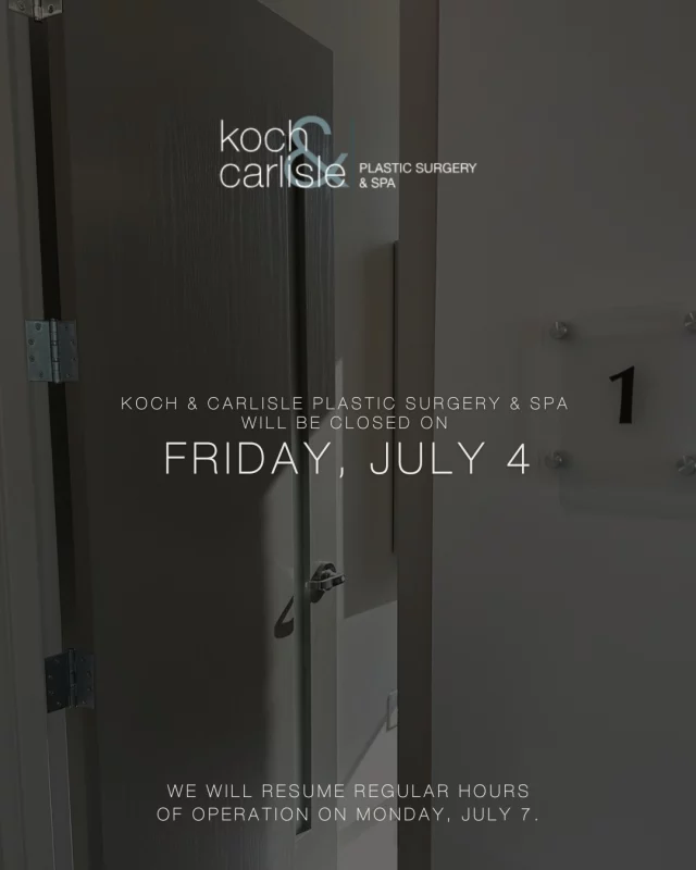 Koch & Carlisle Plastic Surgery & Spa will close for the holiday on Friday, July 4. 

We will resume regular operations of operation on Monday, July 7.

Wishing you all a safe and happy holiday weekend!
