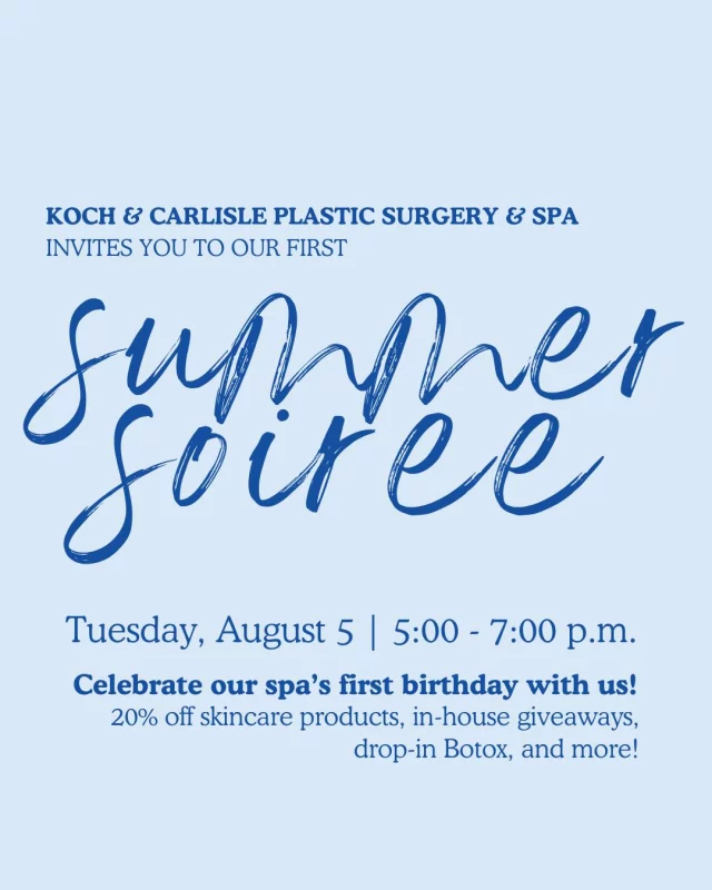 Join us for our FIRST summer open house on Tuesday, August 5 (5-7 p.m.) celebrating our spa's "first birthday" in suite #200!

You don't want to miss this night full of exclusive promotions:
* 20% off Skincare Products 
* Select Botox with our Expert Injectors
* Concierge Medicine booth with Dr. Katie
* In-House Giveaways from Allergan (Botox, DiamondGlow, and more!)

Enjoy our signature cocktail crafted by Blue Ox Spirits, delicious appetizers, and be on the look our for more vendors announced on social media.

RSVP for the event and be entered into a giveaway for a $110 spa gift card at Koch & Carlisle Spa:
➡https://lp.constantcontactpages.com/ev/reg/dsem3jk