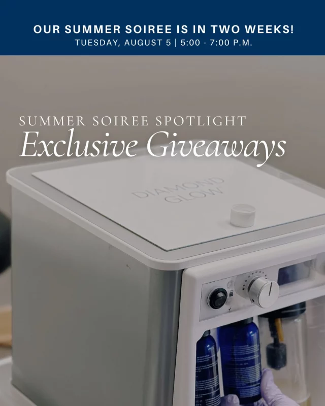Our Summer Soiree is officially two weeks away: Tuesday, August 5, from 5:00 to 7:00 PM!

If you haven't already, be sure to RSVP (linked in our Instagram bio) to be entered into the giveaway for a $110 spa gift card! 🩵

During our event, attendees will have the opportunity to enter our exclusive, in-house giveaways, which include:
➡ Free Botox for a Year
➡ Free DiamondGlow Treatments (12) for a Year
➡ SkinMedica Gift Basket
➡ Hydrinity Skin Science Gift Basket
➡ (Des Moines-based) Blue Ox Spirits Gift Basket

Don't forget: skincare products (excluding prescription products) are 20% off during the event!

RSVP for our event here:
🩵 https://lp.constantcontactpages.com/ev/reg/dsem3jk

..We can't wait to celebrate with you! 👏🩵