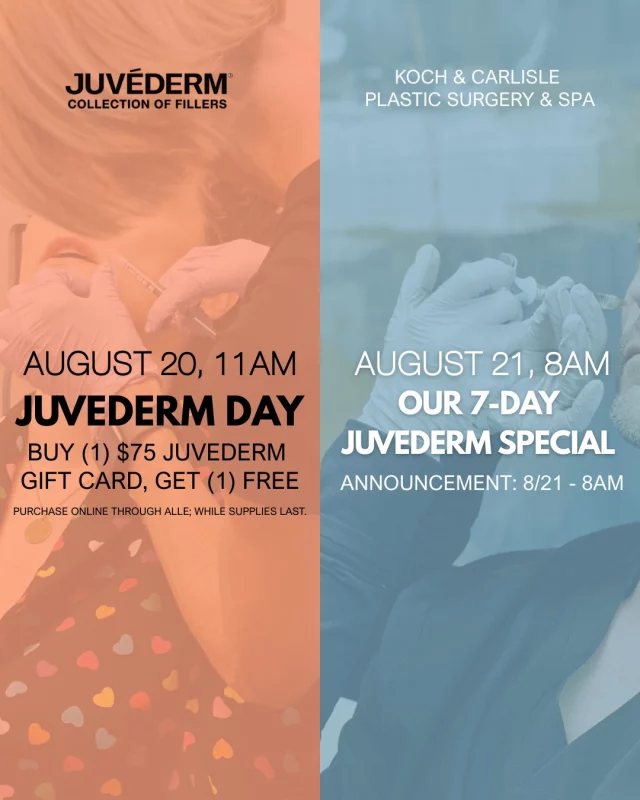 Looking to save on filler injections? You won't want to miss this! 

Two amazing Juvederm promotions will happen NEXT WEEK: 
➡ JUVEDERM DAY (Wednesday, August 20 at 11 a.m. CST)
🧡"Buy (1) $75 Juvederm Gift Card, Get (1) Free"
🧡 Online sale through Allē; must be a member to participate. While supplies last.

➡ KOCH & CARLISLE 7-DAY JUVEDERM SPECIAL (Thursday, August 21 at 8am)
🩵Announcement will be made at 8am (8-21-25)
🩵Promotion will be valid from August 21 - August 28 

In the meantime? Check out the links below to save on future purchases through Allē and Koch & Carlisle Plastic Surgery & Spa:
❕ Join Allē for free: https://shorturl.at/1CVBc
❕ Join our mobile app & receive a $50 reward: https://shorturl.at/B3l66