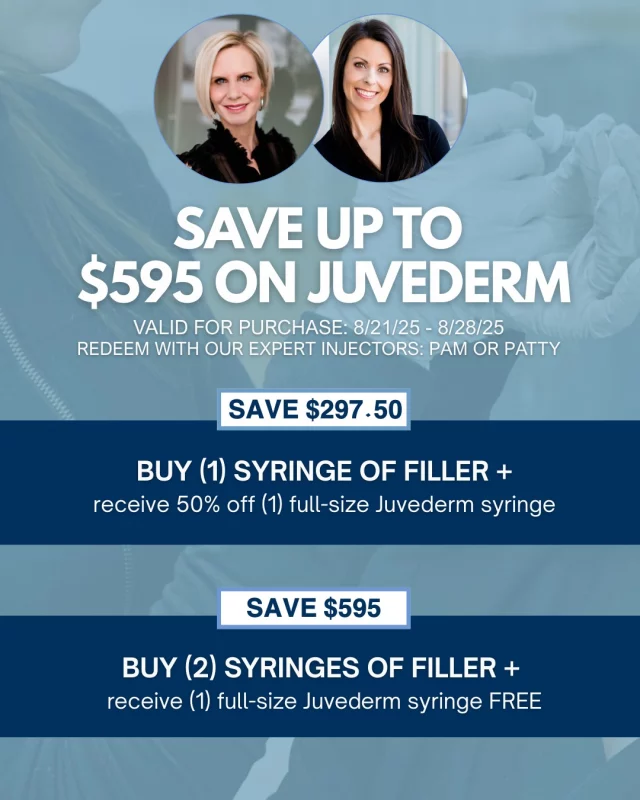 ✨7-DAY JUVEDERM SAVINGS: (8/21 - 8/28)✨

❕BUY NOW, SCHEDULE AT YOUR CONVENIENCE❕

For one week only, save up to $595 on Juvederm - or $745 with your Juvederm Day Gift Card:

🩵 Buy 1 Syringe, Get (1) Juvederm Syringe Half-Off | Valid with Pam or Patty
➡ Save $297.50 | Bonus? Use your Juvederm Day Gift Card ($175) to save $447.50
* Must be purchased (8/21 - 8/28)

🩵 Buy (2) Syringes of Filler, Get (1) Juvederm Syringe Free | Valid with Pam or Patty 
➡ Save $595 | Bonus? Use your Juvederm Day Gift Card ($175) to save $745
* Must be purchased (8/21 - 8/28)

**** This promotion is only valid (8/21/25 - 8/28/25); redeem your purchase with either Pam or Patty at your convenience. ****