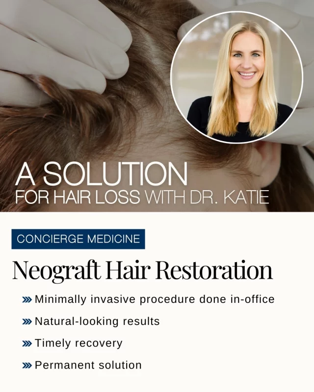 We are thrilled to now offer NeoGraft Hair Restoration as part of Dr. Katie's Concierge Medicine program.

"What is Neograft Hair Restoration?"
➡ NeoGraft is a state-of-the-art, minimally invasive hair restoration technique using follicular unit extraction (FUE) to transfer individual hair follicles from the back of the scalp to thinning areas—no scalpels or stitches needed.

Ideal candidates are in good health, have realistic expectations, and seek a minimally invasive solution with less downtime. 

"What are the Benefits of NeoGraft for Hair Restoration?"
➡No Linear Scar: Enjoy short hair with confidence.
➡Minimally Invasive: No stitches or scalpels.
➡Quick Recovery: Resume normal activities within a day or two.
➡Natural-Looking Results: Seamless blend with existing hair.
➡Customizable: Suitable for various hair textures and treatment areas.

During your consultation, Dr. Katie will evaluate your goals and scalp health to see if NeoGraft is your perfect hair restoration solution.

Interested in learning more? We're here to help!
Inquire Online | https://www.kochandcarlisle.com/consultation-mobile/
Schedule a Consultation | 515-277-5555