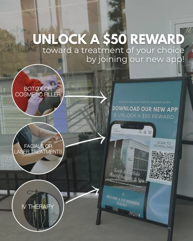 Unlock a $50 reward when you sign up for our mobile app! 🩵

This reward can be used toward in-app purchases of any treatment at our practice, including:
➡ Injections | Botox or cosmetic fillers
➡ Spa Services | Facials, dermaplaning, lasers, and more!
➡ IV Therapy | Choose your custom IV

Members of our app can unlock additional benefits, including a birthday reward, rewards for purchases, office visits, and more!

Click here to join for free:
🩵https://kochandcarlisleplasticsurgeryandsparewards.repeatmd.app/home