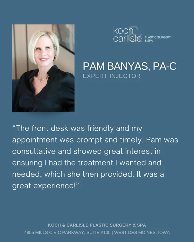 From our patient: "Pam was consultative and showed great interest in ensuring I had the treatment I wanted and needed, which she then provided."

We love hearing from our patients, and we are so happy to hear about our patient's positive experience with our expert injector, Pam! 🩵

Pam is a certified physician assistant with more than a decade of experience in the field of aesthetic medicine, in both surgical and clinical settings. She also celebrated 15 years at Koch & Carlisle Plastic Surgery & Spa in May of this year! 👏

Pam’s extensive experience includes the administration of all injectable fillers and neurotoxins, such as BOTOX Cosmetic, JUVÉDERM and RADIESSE and more! 

Meet with Pam for a complimentary injection consultation to learn more about cosmetic filler and injectables at Koch & Carlisle Plastic Surgery: 
➡ Speak with a member of our team | 515-277-5555, press "1" for injections
➡ Inquire online | https://www.kochandcarlisle.com/contact-us/

Save on a future injection visit: 
Unlock $65 off your first BOTOX treatment with Alle 
🔗https://alle.com/offer/botox-65offer-2025

Join our mobile app to earn $50 off an in-app purchase 
🩵https://kochandcarlisleplasticsurgeryandsparewards.repeatmd.app/

:
:
:
:
#desmoines #desmoinesiowa #injections #cosmeticinjections #westdesmoinesiowa #botox #cosmeticfiller #juvederm #lipinjection #facialbalancing #facialbalancingwithfillers #voluma