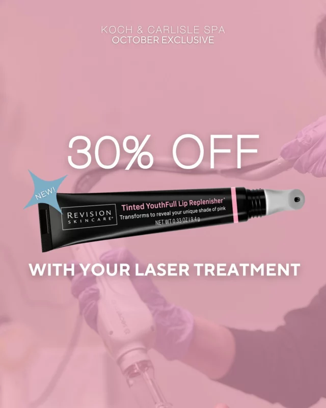 In honor of Breast Cancer Awareness Month, we're gifting 30% off Revision Skincare's NEW product - Tinted Youthfull Lip Replenisher - with your October laser treatment! 💟

We are loving this new lip product which plumps, hydrates, smooths and volumizes your lips while revealing a unique pink tint through pH-reactive technology. (Everyone has a different result!) 💄

After the clear lip product is applied, the pH-reactive technology kicks in, resulting in a pink shade. 

This promotion can be redeemed with ANY laser service scheduled in October: BBL, ClearSilk, ClearV, Excel, HALO, Intracel, Laser Ablation, Laser Genesis, Laser Hair Removal (LHR), MicroLaserPeel, MOXI, Profractional, Secret RF and Secret Laser, SkinTyte. 

Claim this offer at your next visit, or stop by to purchase today! 🩵

This offer is valid until 11/1/25.