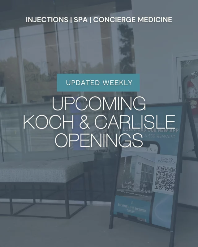 Scroll down to find upcoming openings at Koch & Carlisle Plastic Surgery & Spa! 
* Note: these appointments are available while supplies last. 
* Call to claim your spot: 515-277-5555

OPENINGS FOR 10/13/25 - 10/17/25

🔹MONDAY, OCTOBER 13
** Spa Services
Allison | 10:15; 3:00 
Briawna | 1:30; 3:45 

🔹TUESDAY, OCTOBER 14
** Spa Services
Allison | 11:45; 12:45 
Briawna | 9:45; 2:00; 3:00 
Emily | 9:00; 2:45 
Karli | 9:00 

** Injections
Pam | 8:30; 9:00
Patty | 12:45; 1:30; 2:15; 3:00 

** Concierge Medicine 
Dr. Katie | 10:00; 11:30; 12:30; 1:30; 2:45 

🔹WEDNESDAY, OCTOBER 15
**Spa Services
Allison | 10:00; 11:00; 12:00; 2:15 
Briawna | 11:30; 12:30; 1:30 
Emily | 10:00; 11:00

** Injections
Pam | 9:45; 10:15; 10:45
Patty | 11:30; 12:30 

** Concierge Medicine
Dr. Katie | 9:30; 10:30; 11:30; 12:30; 1:45

🔹THURSDAY, OCTOBER 16
** Spa Services
Briawna | 10:00; 11:00
Emily | 11:15; 12:00
Karli | 9:00; 10:00

** Injections
Pam | 10:30; 1:15
Patty | 12:15; 2:00 

** Concierge Medicine 
Dr. Katie | 12:45; 1:45; 2:45

🔹FRIDAY, OCTOBER 17
** Spa Services
Briawna | 10:00; 11:00
Emily | 11:15; 12:00
Karli | 9:00; 10:00

** Concierge Medicine 
Dr. Katie | 9:30; 12:30; 1:30; 2:45