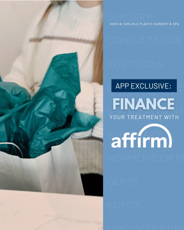 Unlock financing on all of our services and procedures at Koch & Carlisle Plastic Surgery & Spa! 

We are proud to offer Affirm, CareCredit and PatientFi to our patients who are interested in utilizing payment plans for purchases. These payment plans can be used on injections, spa services, Concierge Medicine services and procedures, as well as surgeries. 

Note: Affirm is exclusive to our mobile-app users. Join our mobile app for free today:
➡https://kochandcarlisleplasticsurgeryandsparewards.repeatmd.app/

Interested in learning more about our financing? Explore our options today:
➡https://www. kochandcarlisle.com/about-us/payment-financing/

.
.
.
.
#financingavailable #medicalspa #cosmeticinjections #hormonehealth #weightloss #ivtherapy #westdesmoines #westdesmoinesiowa #kochandcarlisleplasticsurgery #kochandcarlisle #desmoinesiowa #desmoines