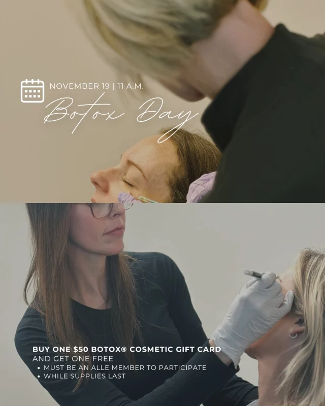 Mark your calendar: Botox Day is on Wednesday, Nov. 19 and begins at 11 a.m.

Available while supplies last: 
➡ Buy (1) $50 Botox Gift Card, Get (1) Free
💻 Online exclusive to Alle members. 
🩵Botox Day gift cards can be redeemed at Koch & Carlisle Plastic Surgery & Spa. 

Not an Alle member? Join for free today:
➡ https://alle.com/registration