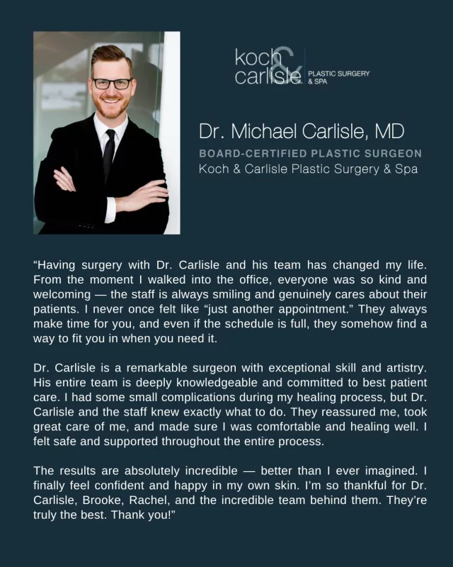 We’re so grateful for this thoughtful review from one of Dr. Carlisle’s surgery patients! 💙

Hearing from our patients truly means the world to us. 

Dr. Carlisle is a board-certified plastic surgeon specializing in breast and body procedures, including: Breast Augmentation • Lift • Implant Removal • Tummy Tuck • Liposuction • Brazilian Butt Lift • Labiaplasty • and more.

Ready to meet with Dr. Carlisle for an in-person consultation? We're here to help:
🩵 Call 515-277-5555 (press “1” for consults)
💻 Inquire online |  kochandcarlisle.com/consultation-mobile