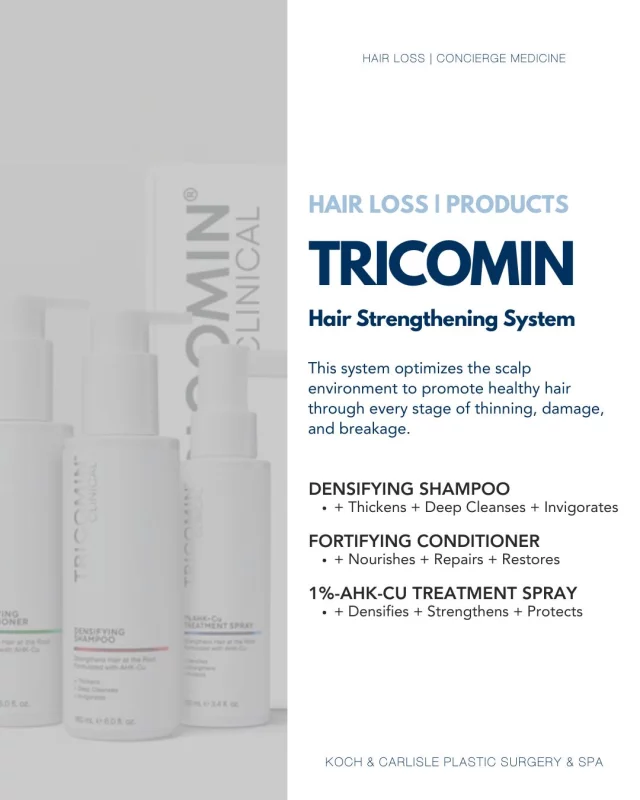 Our patients are loving the "Tricomin Hair Strengthening System" offered by Dr. Katie! 

These professional-grade hair products optimize the scalp environment to promote health hair through every stage of thinning, breakage and damage. This system includes a shampoo, conditioner, and treatment spray. 

If you're interested in treating unwanted hair loss, or learning more about our custom options for hair loss - Dr. Katie is here to help.

From now through Dec. 1, Dr. Katie is offering complimentary consultations for hair loss, hormone optimization, aesthetic weight loss, and overall wellness. 

Reach out today to schedule your complimentary visit:
ask@kochmd.com | 515-277-5555, press "1" for Dr. Katie