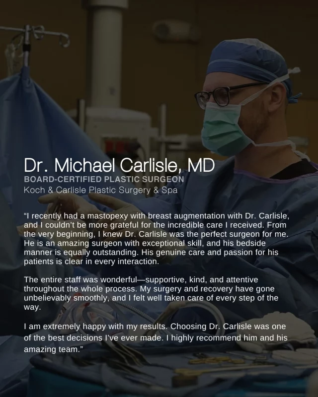 From our Patient: "Choosing Dr. Carlisle was one of the best decisions I've ever made. I highly recommend him and his amazing team."

A big thank you to our patient who shared their experience working with Dr. Carlisle and our team at Koch & Carlisle Plastic Surgery! 🩵

Dr. Carlisle is a board-certified plastic surgeon who specializes in breast and body procedures at Koch & Carlisle Plastic Surgery. Our patients often praise Dr. Carlisle’s attention to detail, attentive and calming bedside demeanor, as well as his excellent results. 

Celebrating over a decade of experience in Des Moines, Dr. Carlisle brings advanced surgical skill and precision from his training at the Cleveland Clinic to deliver top-tier results. 

Interested in seeing more from Dr. Carlisle?
➡ Check out our "Before & After" photo gallery: https://www.kochandcarlisle.com/photo-gallery/
➡ Request an in-person consultation: https://www.kochandcarlisle.com/consultation-mobile/

.
.
.
.
#boardcertifiedplasticsurgeon #boardcertified #kochandcarlisleplasticsurgery #kochandcarlisle #westdesmoines #westdesmoinesiowa #breastaug #mommymakeover #tummytuck #breastreduction #armlift #labiaplasty