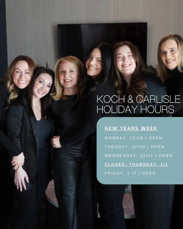 Koch & Carlisle Plastic Surgery & Spa is open today, Dec. 31, but will be closed for the holiday on Thursday, Jan. 1.

We will resume regular hours of operation on Friday, Jan. 2.

Wishing you all a happy and safe holiday! ✨