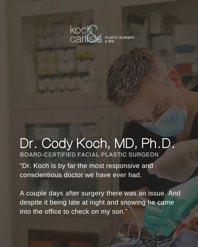 We loved this review shared by our patient about their experience with Dr. Cody Koch.

If you take a peek at our reviews, you will find Dr. Koch's kindness and professionalism mentioned often. 💙 His character is something many of us admire about him!

If you have visited Koch & Carlisle Plastic Surgery & Spa, we would love to hear about your experience with us. It means the world to us when we get the opportunity to hear from our patients, and we truly appreciate it!