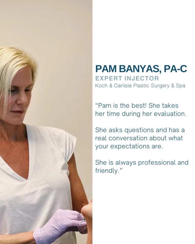 From Our Patient: "Pam is the best! She takes her time during her evaluation. She asks questions and has a real conversation about what your expectations are. She is always professional and friendly."

We love this thoughtful review of our expert injector, Pam Banyas, PA-C! 👏

 Pam is a certified physician assistant with more than a decade of experience in the field of aesthetic medicine, in both surgical and clinical settings. At Koch & Carlisle Plastic Surgery & Spa, she exclusively offers injectable treatments, PRP, and more recently, Skin VAMP microneedling. 

(VAMP™ is a topical , sterile bio-revitalizing solution enriched with a powerful blend of Vitamins, Amino acids, Minerals and PDRN for skin rejuvenation and revitalization. It helps to improve skin tonicity, tighten pores and smooth wrinkles. Overall, restoring skin’s glow, hydration and improving skin texture.)

Pam celebrated 15 years with Koch & Carlisle Plastic Surgery & Spa this year and is such a valuable member of our team! 🩵 We adore her and our patients do, too!