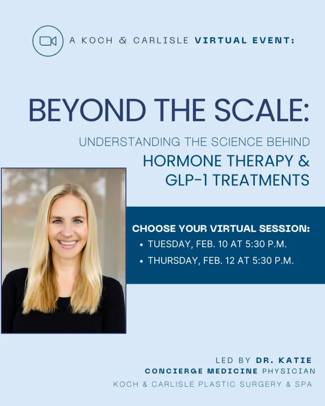 Join us for our next virtual series with Dr. Katie: "Beyond the Scale: Understanding the science behind hormone therapy and GLP-1 Treatments"

If you are curious about how a custom GLP-1 treatment plan can help you, or are wondering if you might be a candidate for hormone replacement therapy, this event is for you.

Our February virtual events will take place on the following dates:
+ Tuesday, Feb. 10 | 5:30 p.m.
+ Thursday, Feb. 12 | 5:30 p.m.

RSVP here and unlock a complimentary consultation with Dr. Katie, and access to a $95 blood panel: 
➡ https://lp.constantcontactpages.com/ev/reg/m53vjqu
(Link is now available in our Instagram bio!)

Learn more about Dr. Katie's Concierge Medicine program today:
➡ Speak with a member of our team | 515-277-5555
➡ Request a consultation | ask@kochmd.com