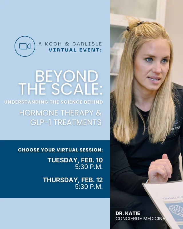 Join us for our next virtual series with Dr. Katie: "Beyond the Scale: Understanding the Science Behind Hormone Therapy and GLP-1 Treatments."

Curious about what a personalized GLP-1 treatment plan could look like for you, or wondering whether you may be a candidate for hormone replacement therapy? You won't want to miss this!

February Virtual Event Dates:
- Tuesday, February 10 | 5:30 p.m.
- Thursday, February 12 | 5:30 p.m.

RSVP today to receive a complimentary consultation with Dr. Katie, as well as access to our $95 blood panel.

➡ Register here: https://lp.constantcontactpages.com/ev/reg/m53vjqu
(Link is also available in our Instagram bio!)

Learn more about Dr. Katie’s Concierge Medicine program:
➡ Speak with a member of our team: 515-277-5555
➡ Request a consultation: ask@kochmd.com See less