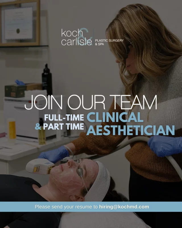 Join Our Team | Part-Time & Full-Time Clinical Aesthetician

Koch & Carlisle Plastic Surgery & Spa is growing, and we’re looking to add an experienced, client-focused Aesthetician to our award-winning spa team. This role is ideal for an aesthetician who has built a strong, loyal clientele and is ready to join a collaborative, physician-led practice with advanced technology and long-term growth opportunities.�

Part-Time ideal position | 16-24 hours
- Wednesday, Thursday, Friday* or Saturday*

Full-Time position | 4-5 days
- Monday, Tuesday, Thursday, Friday

🩵 Our Ideal Candidate
Licensed Esthetician in the state of Iowa (required)
Laser Trained or Certificate (required)
Established clientele preferred
Experience with laser hair removal and laser skin treatments
Comfort working alongside physicians, injectors, and nurses
Ability to retain and grow a client base within a medical spa setting
Passionate about patient experience and results
Confident performing consultations and treatment planning
Professional, reliable, and team-oriented

🩵 Why Join Koch & Carlisle
Established, reputable plastic surgery & medical spa practice
Supportive leadership and a collaborative team culture
Advanced devices and cutting-edge technology
Built-in marketing support and patient referrals
Strong benefits package and paid vacation time
Opportunity for long-term growth in a thriving practice�
�
Please email your resume to "hiring@kochmd.com"
Click here to read more about our open positions: https://lp.constantcontactpages.com/cu/PMk2g80/joinourteam