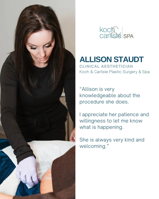 We love this kind review written about our clinical aesthetician, Allison! ✨

“Allison is very knowledgeable about the procedures she performs. I appreciate her patience and willingness to explain what is happening. She is always very kind and welcoming.”

We love providing our spa patients with a comfortable, safe space to kick back and relax. 🩵

Check out our Book Online link in our bio, or click the link below to see our upcoming openings at Koch & Carlisle Spa:
➡ Book Online | https://book.mypatientnow.com/practice/SxtdUw