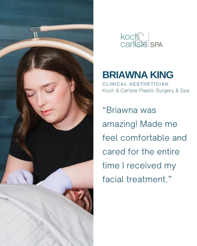 From the Patient: "Briawna was amazing! Made me feel comfortable and cared for the entire time I received my facial treatment." 🩵

We love this sweet review left by our patient who visited our clinical aesthetician, Briawna, at Koch & Carlisle Spa!

Briawna is passionate about enhancing natural beauty. Having personally navigated the challenges of acne, she deeply understands the importance of healthy skin and the science of skincare, fueling her passion for helping others. 

She welcomes all patients and will meet you where you are to provide personalized and comprehensive care for your unique needs. 

We offer complimentary skincare consultations at Koch & Carlisle Spa and would love to get you set up for your first visit! Follow the prompts below to schedule your next appointment:
➡ Speak with a member of our team | 515-277-5555, press “2” for our spa
➡ Inquire online | https://www.kochandcarlisle.com/consultation-mobile/